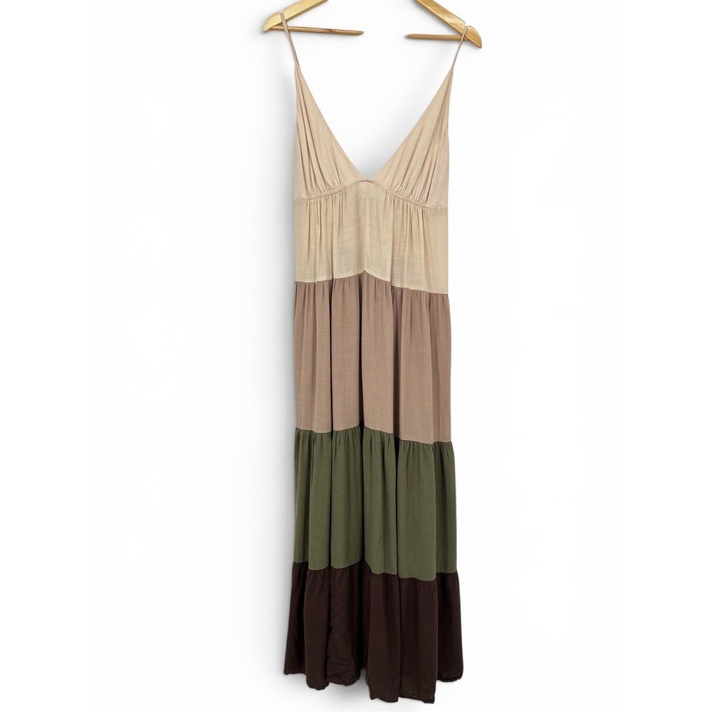 KLD Women Colorblock Tiered Maxi Dress Linen Blend Boho V-Neck Earth Tones M